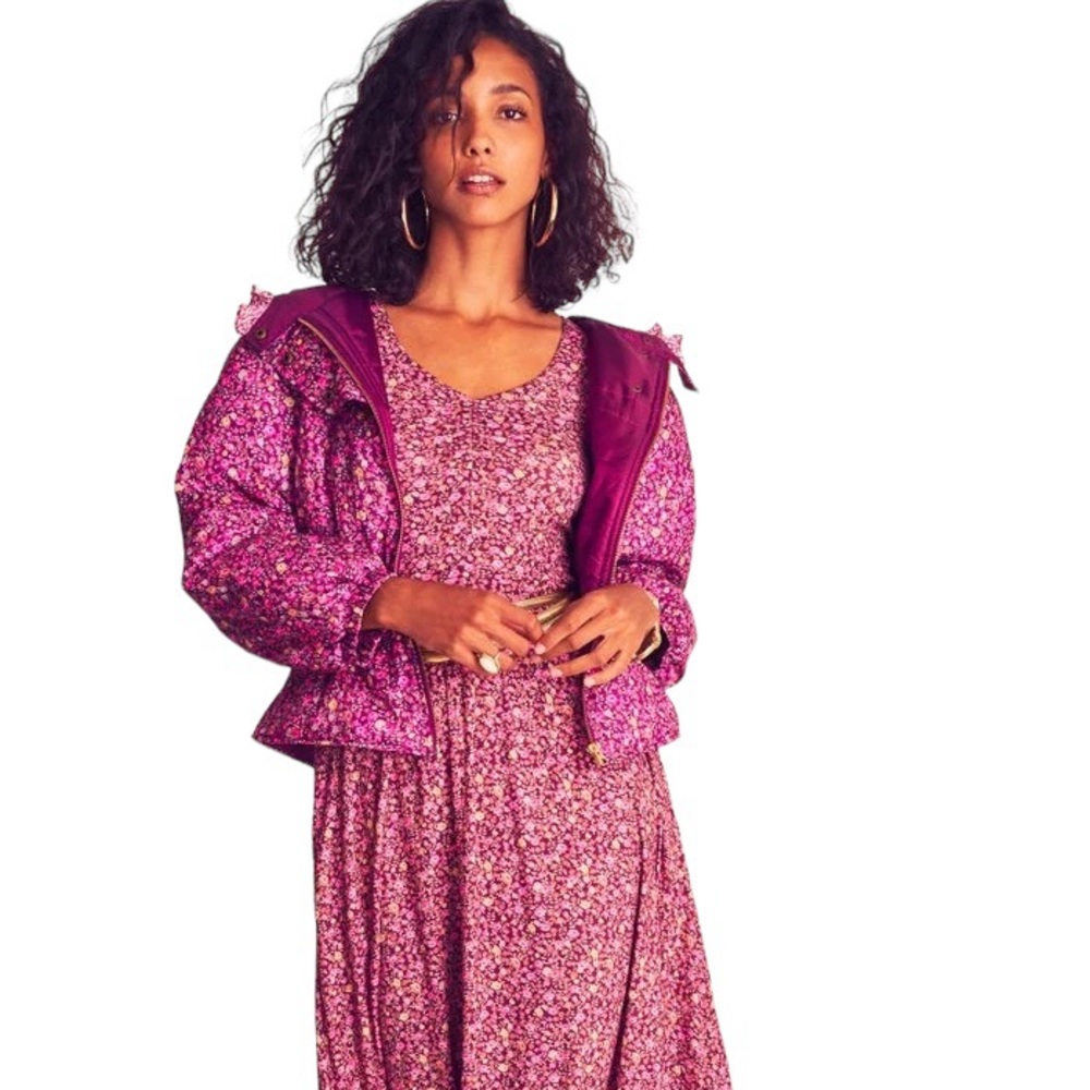 LoveShackFancy Modena Puffer Quilted Floral Print Jacket in Cherry Wine